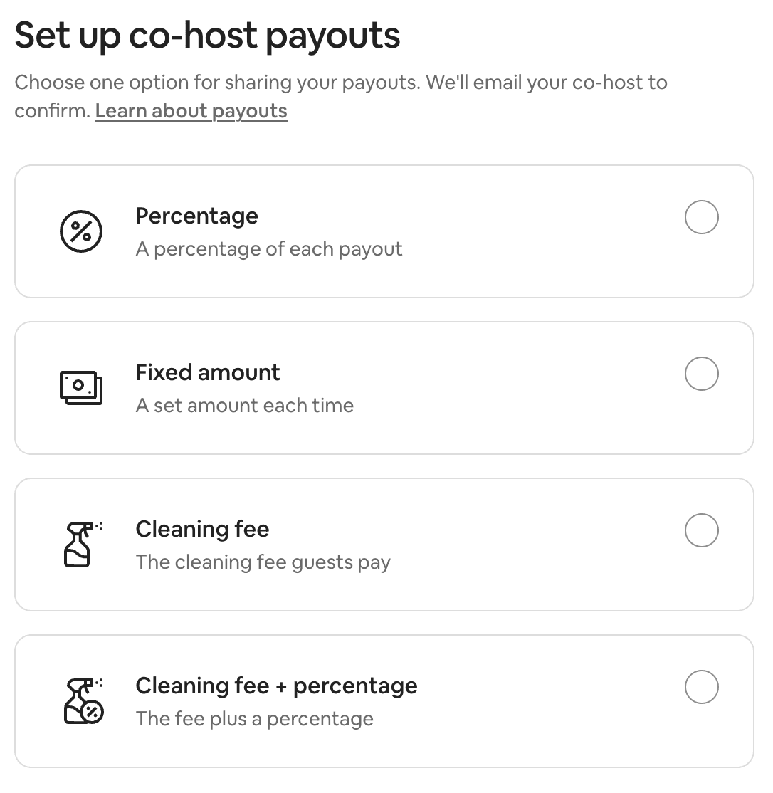 Airbnb co-host payout setup screen showing Percentage, Fixed amount, Cleaning fee, and Cleaning fee plus percentage options