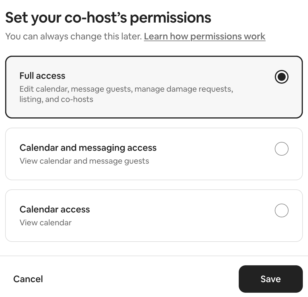 Airbnb co-host permissions screen showing Full access, Calendar and messaging access, and Calendar access options