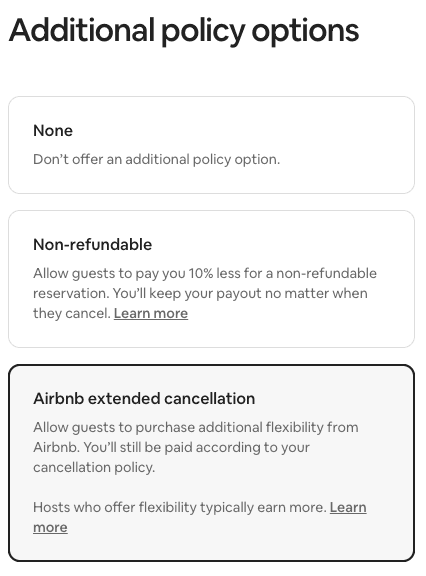 Airbnb additional policy options: None, Non-refundable (10% discount for no refund), and Airbnb extended cancellation (guests purchase flexibility, host paid per their policy)