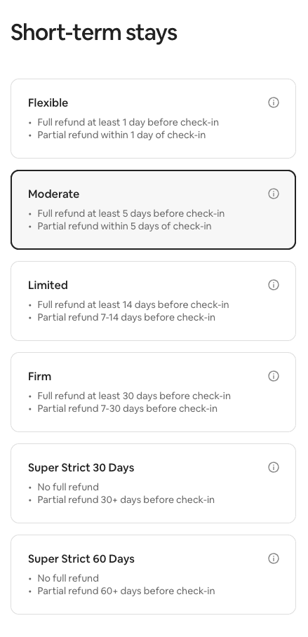 Airbnb short-term stay cancellation policy options: Flexible, Moderate, Limited, Firm, Super Strict 30 Days, Super Strict 60 Days
