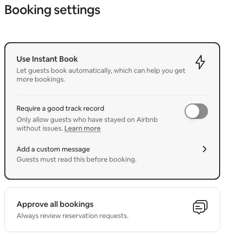 Airbnb Booking Settings showing Use Instant Book and Approve all bookings options