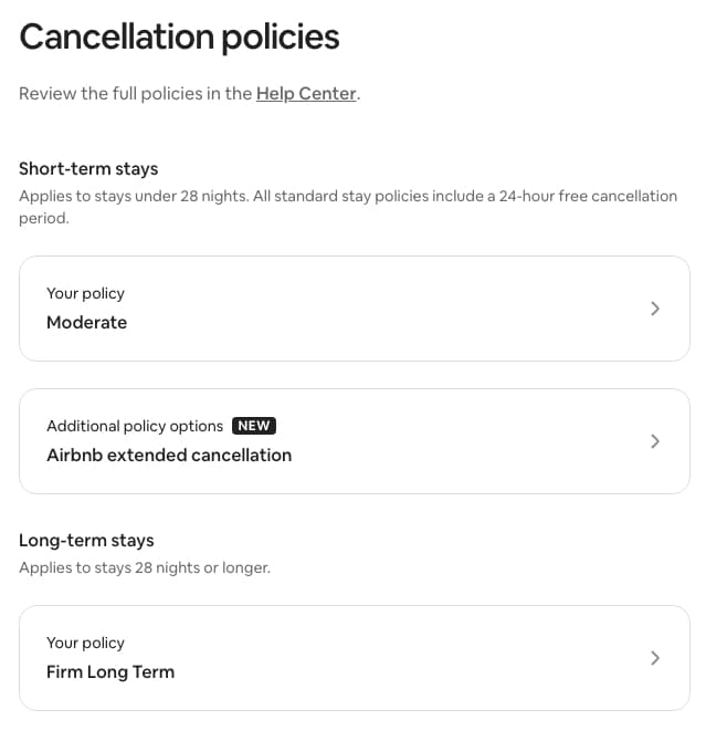 Airbnb Cancellation Policies settings screen showing Short-term stays with Moderate selected, Airbnb extended cancellation as a new additional option, and Long-term stays with Firm Long Term